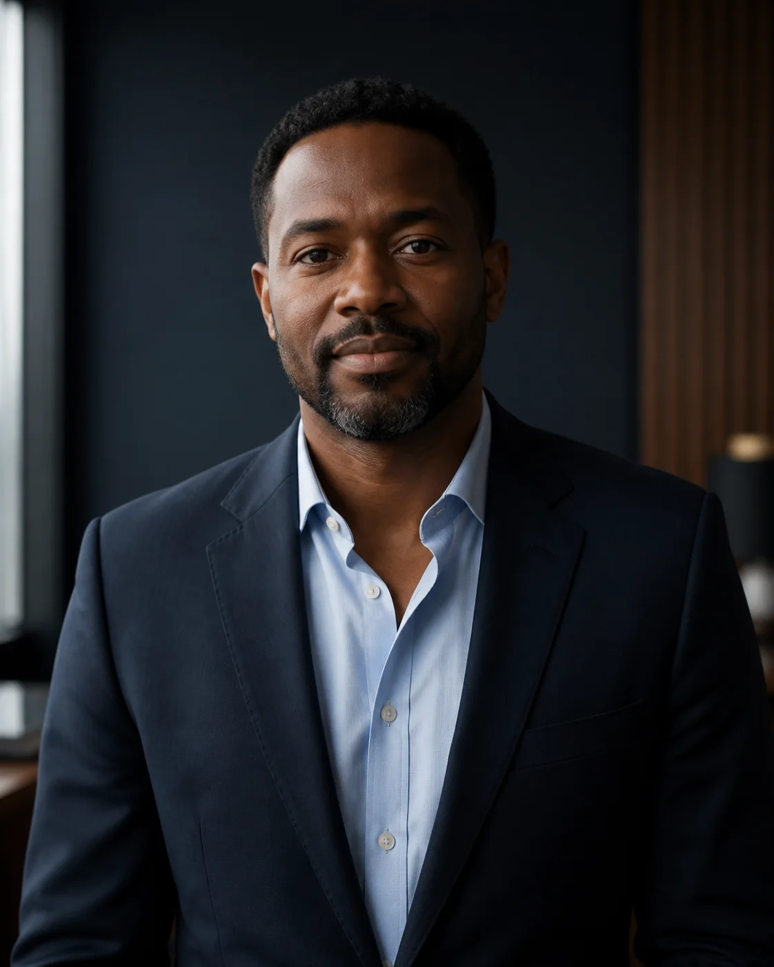 AI-generated portrait placeholder of a fictional legal professional wearing a navy suit in a dark office