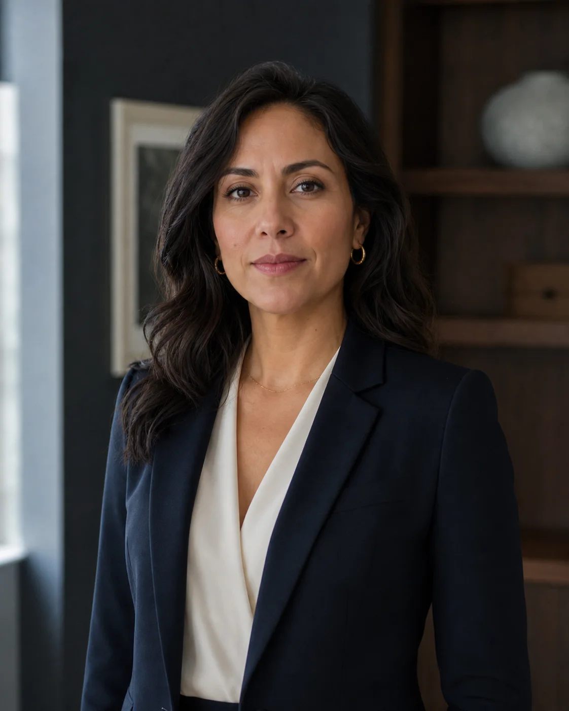 AI-generated portrait placeholder of a fictional legal professional wearing a dark blazer in a contemporary office