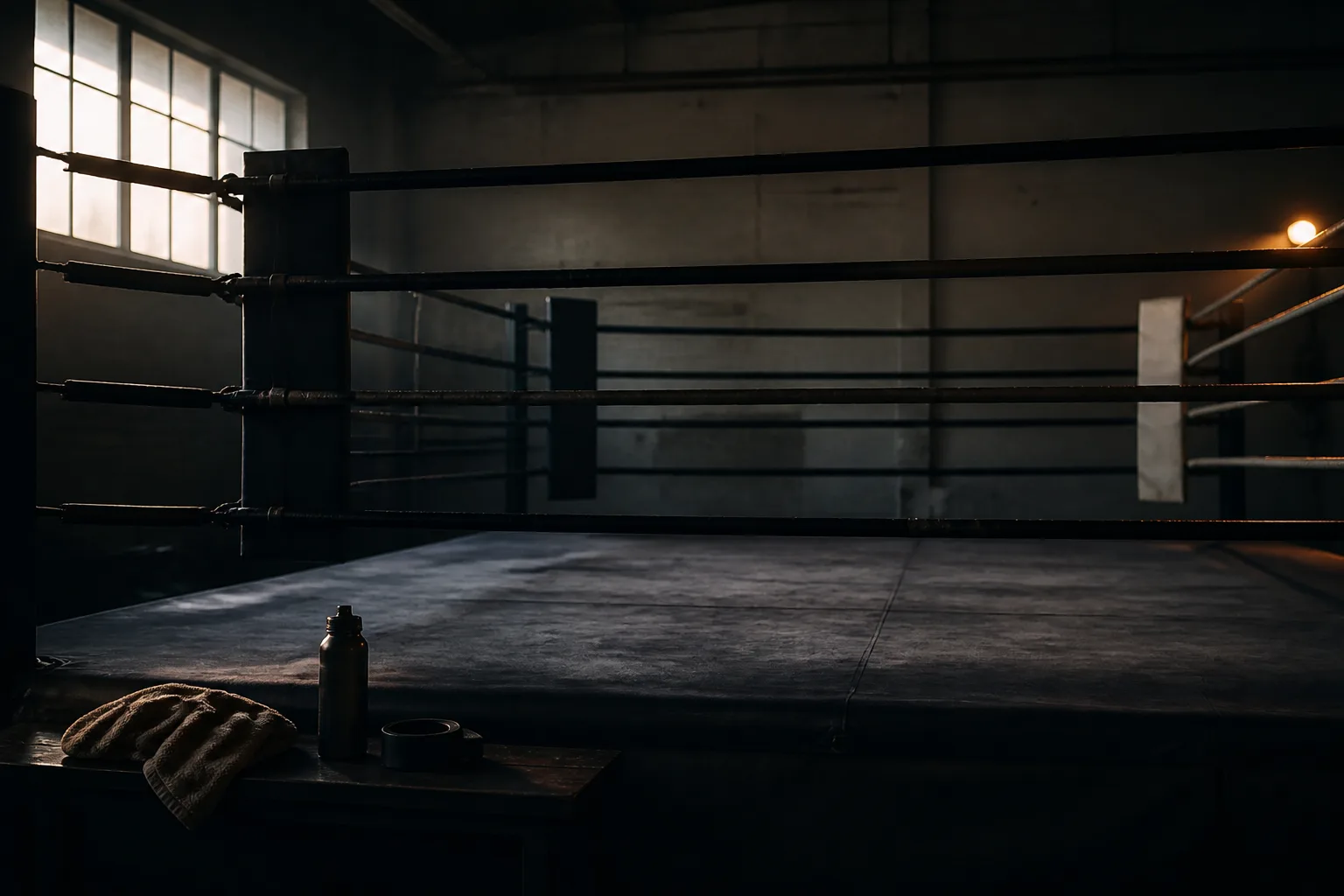 An empty boxing ring in a quiet gym with training gear in the foreground