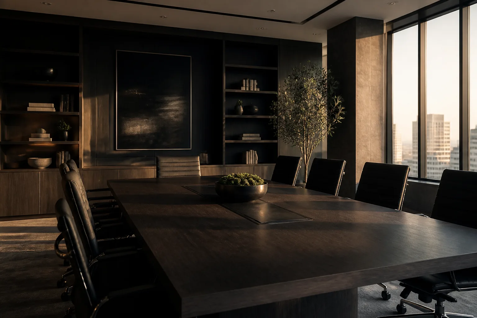 A dark contemporary conference room with a long table and warm wood finishes