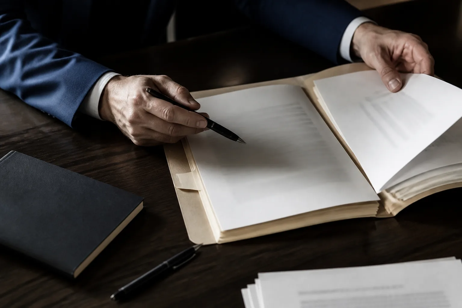An attorney reviewing a case file and handwritten notes at a dark wood desk