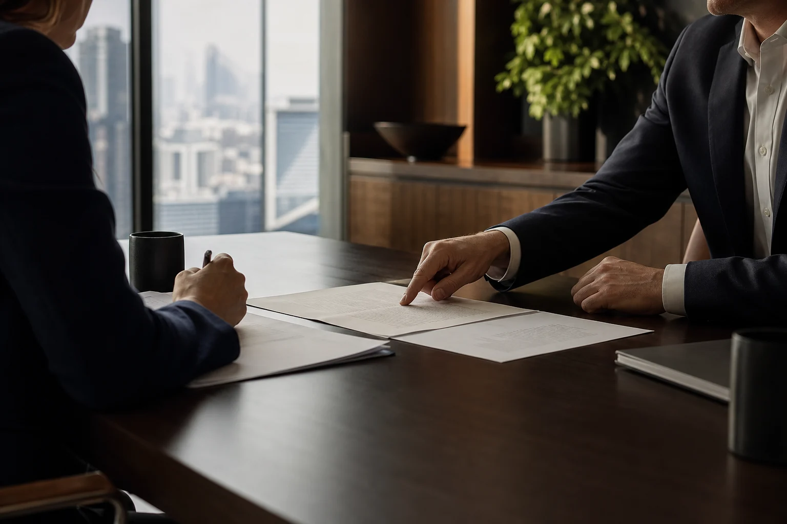 AI-generated placeholder of two professionals reviewing an agreement in a warm contemporary office